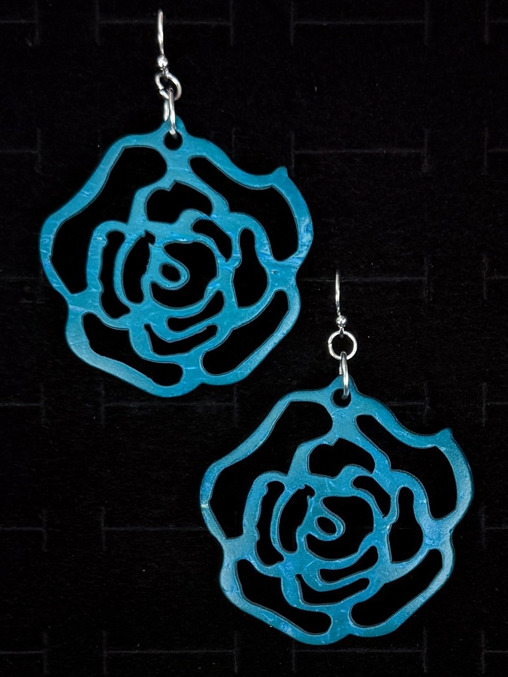 Vintage Turquoise Blue Rose Cutout Dangle Earrings Lightweight Pierced